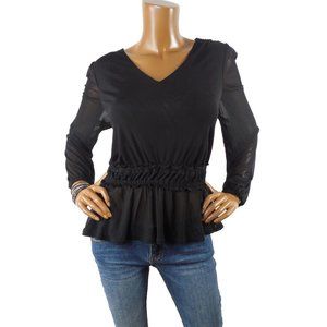 INC Top M Black Blouse Lightweight V-Neck Peplum Casual Party Shirt Long Sleeves